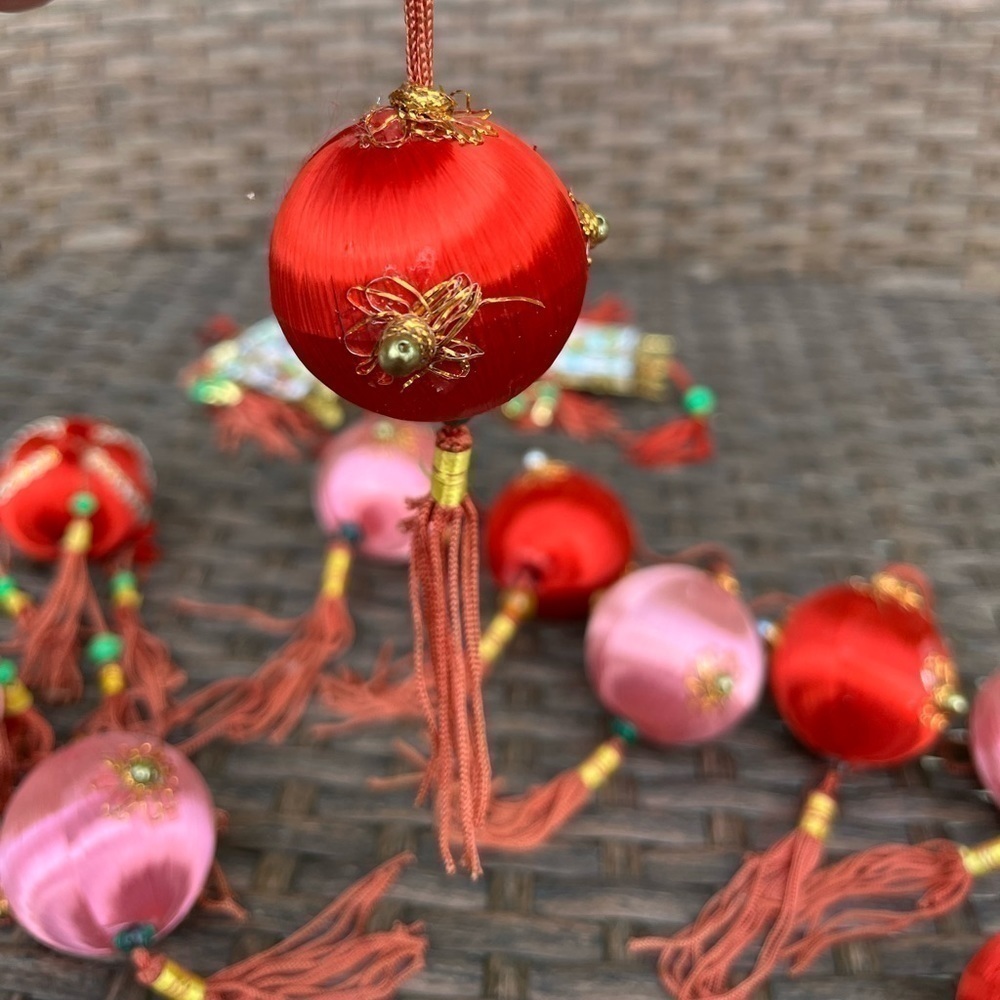 𝅺vintage Satin Wrapped Chinese New Year Style Lantern Ornaments Bulbs Holiday